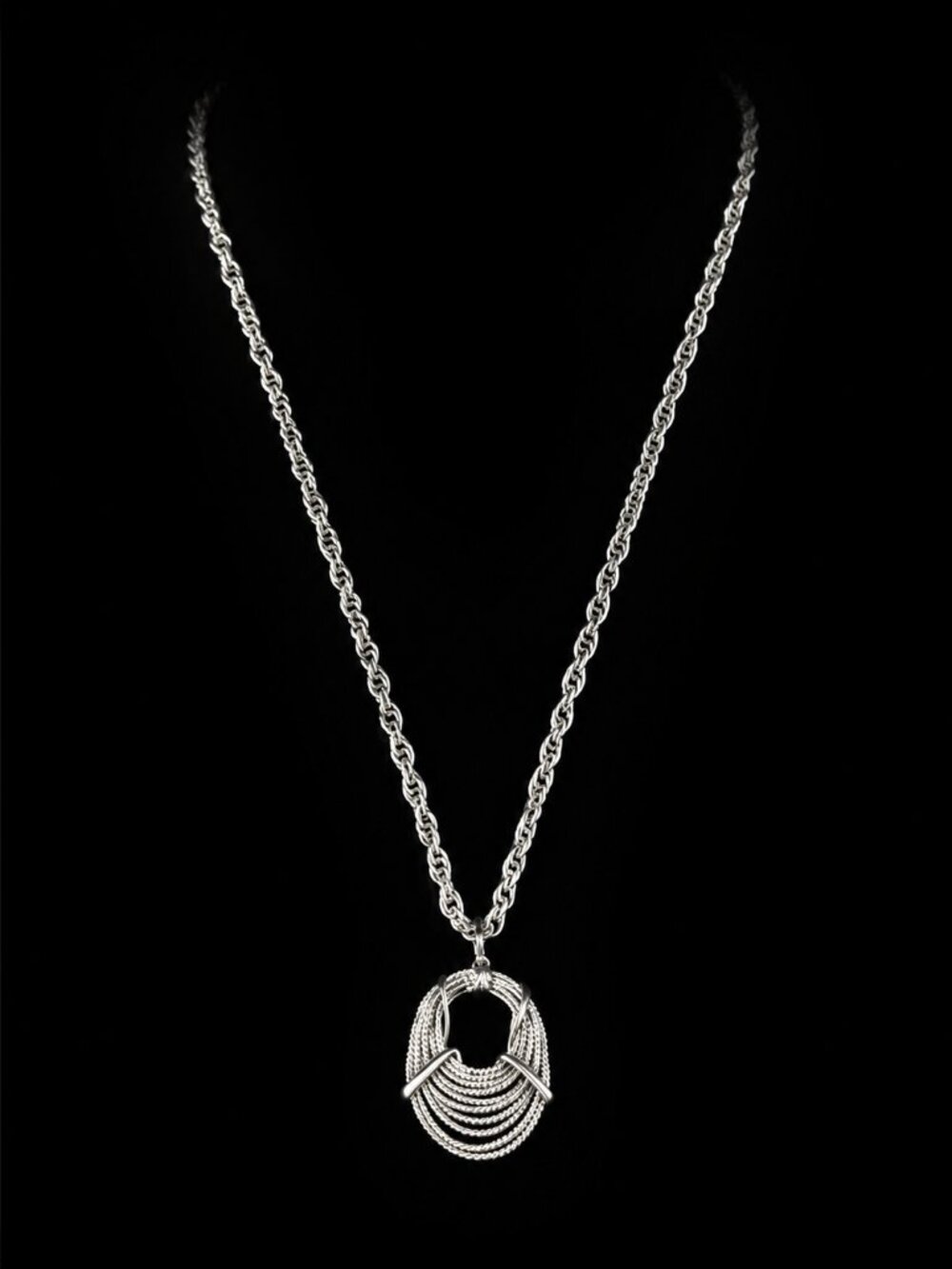17 Inch Silver Color Chain Style Necklace Coiled Wire Pendant Marked AZ Sterling